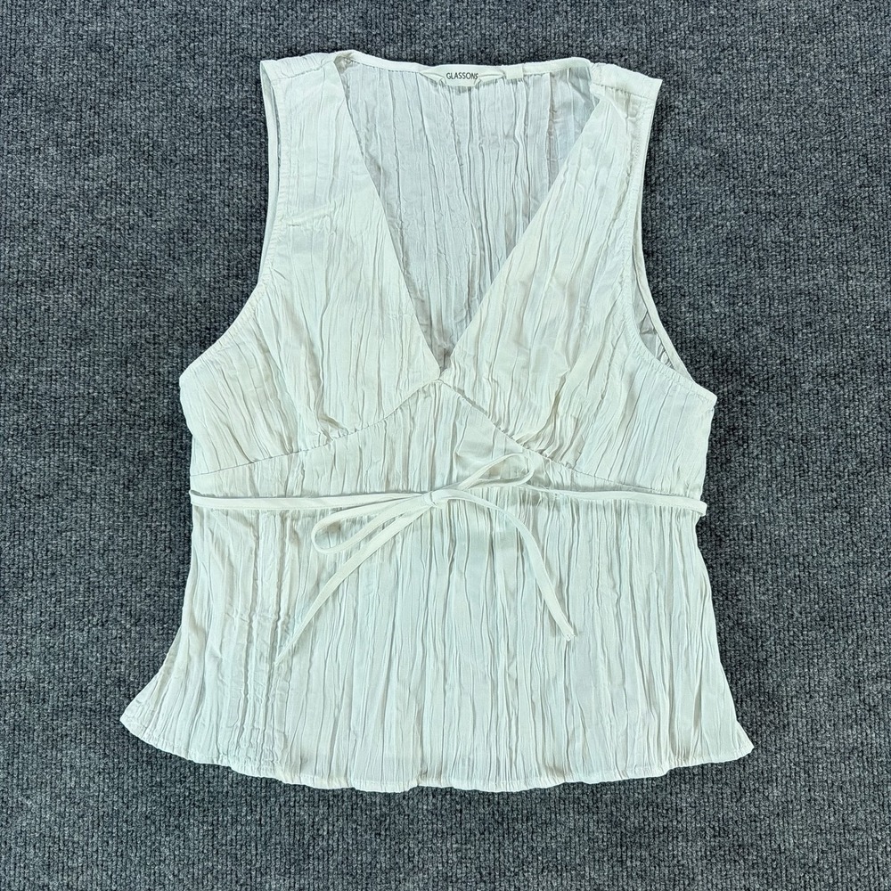 Glassons Womens White Crinkle V-Neck Sleeveless Empire Waist Tie Top Size 12
